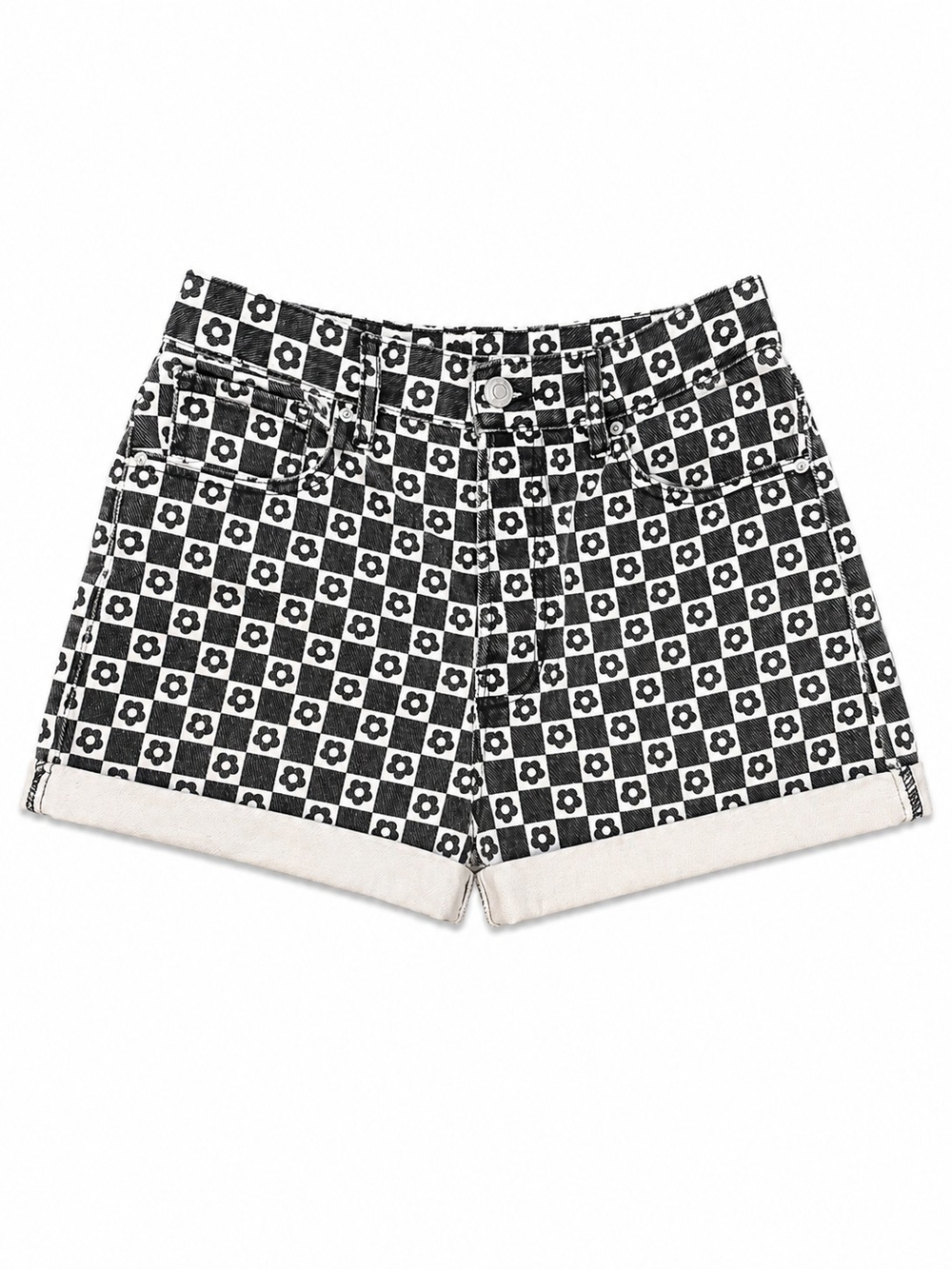 PacSun Black Floral Checker Hi-Rise Denim Shorts, Size 26